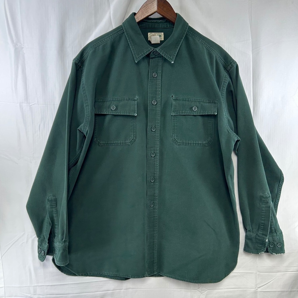 LL Bean Canvas Button Down Shirt Mens XL Green Heavyweight Workwear Distressed